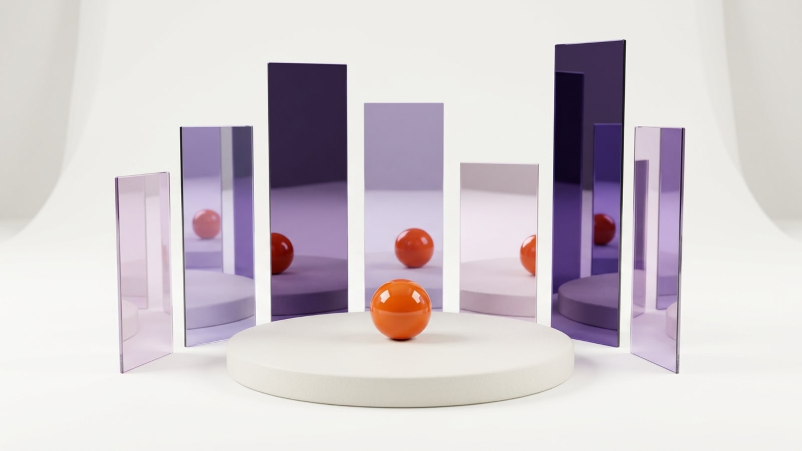 Render 3D minimalista: uma pequena esfera laranja brilhante sobre um pedestal redondo branco, cercada por sete painéis espelhados verticais, lilás e violeta, de alturas diferentes, dispostos em arco; cada espelho reflete a mesma esfera de um ângulo diferente.