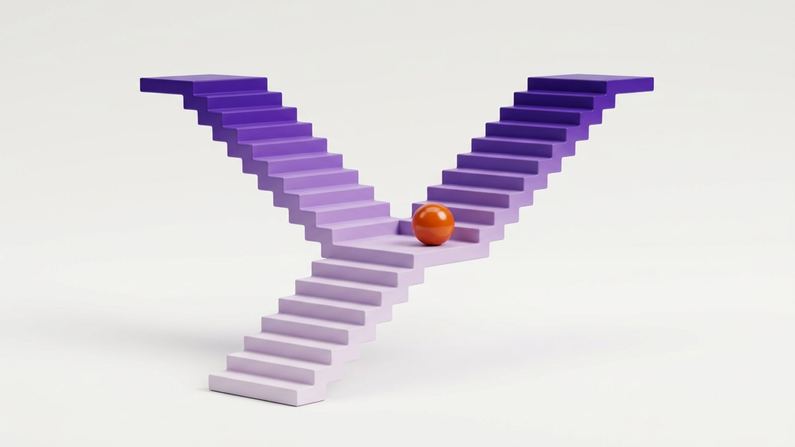 Render 3D minimalista de uma escada em degradê de lilás claro a violeta, em forma de Y, sobre fundo cinza muito claro: um único lance sobe do primeiro plano até um patamar, onde se divide em dois lances que sobem para lados opostos e terminam em duas plataformas violeta escuro exatamente na mesma altura. No patamar da bifurcação repousa uma única esfera laranja brilhante.