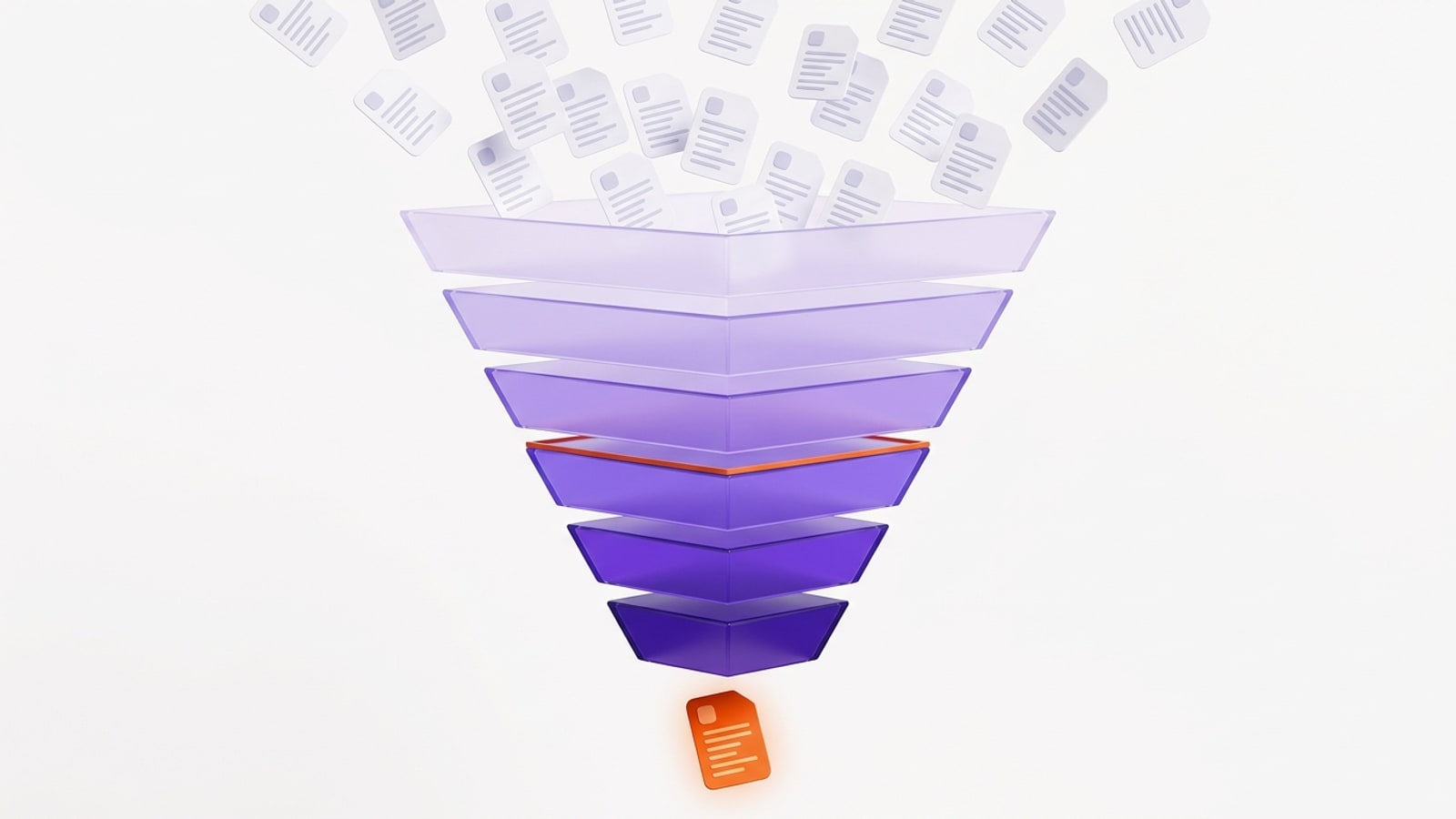 Ilustração de um funil de recrutamento formado por seis camadas de vidro sobrepostas, cada uma mais estreita que a de cima, indo do lilás muito claro ao violeta profundo. Dezenas de pequenos currículos brancos caem dentro da camada mais larga; uma das camadas do meio tem uma borda laranja acesa, marcando o gargalo; abaixo da camada mais estreita, um único documento laranja sai do funil.
