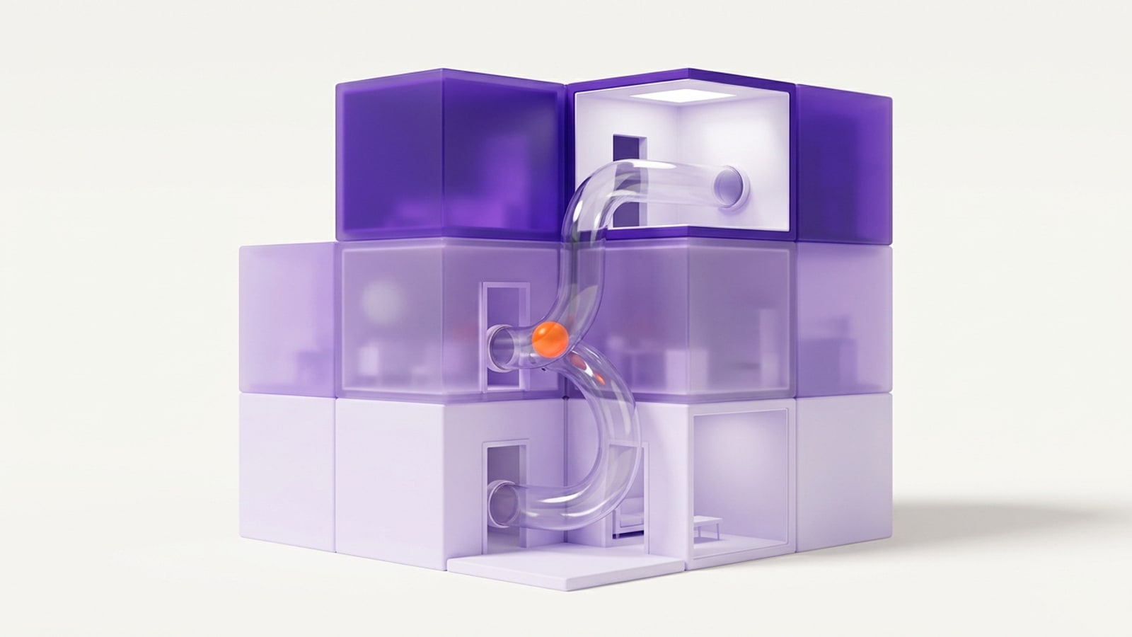 Render 3D minimalista sobre fundo off-white: um prédio modular de cubos translúcidos em três andares, do lilás claro embaixo ao violeta profundo no alto, com duas salas abertas. Por dentro, um tubo de vidro sai de uma porta no térreo, passa pelo andar do meio e chega a uma sala iluminada no último andar, sem sair do prédio. Uma esfera laranja brilhante está no meio do caminho, dentro do tubo.